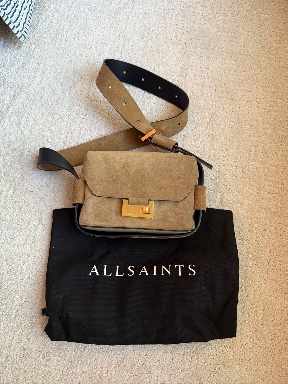 All Saints Tan Suede Crossbody Belt Bag with Gold Hardware